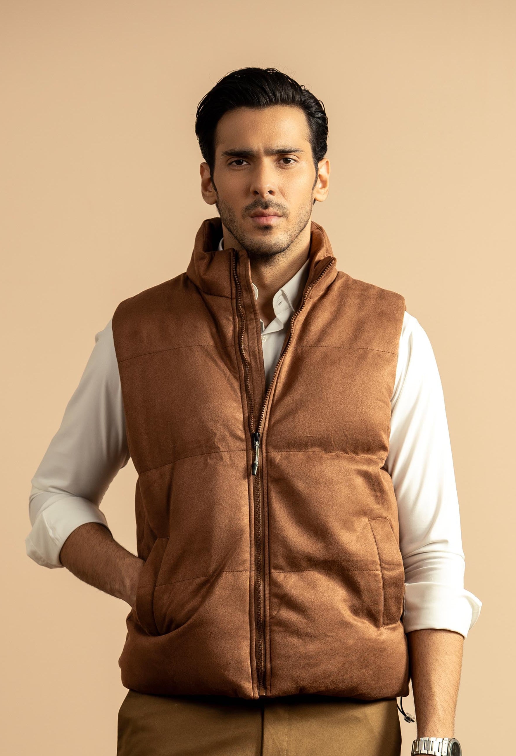 Dark Brown Suede Puffer Jacket