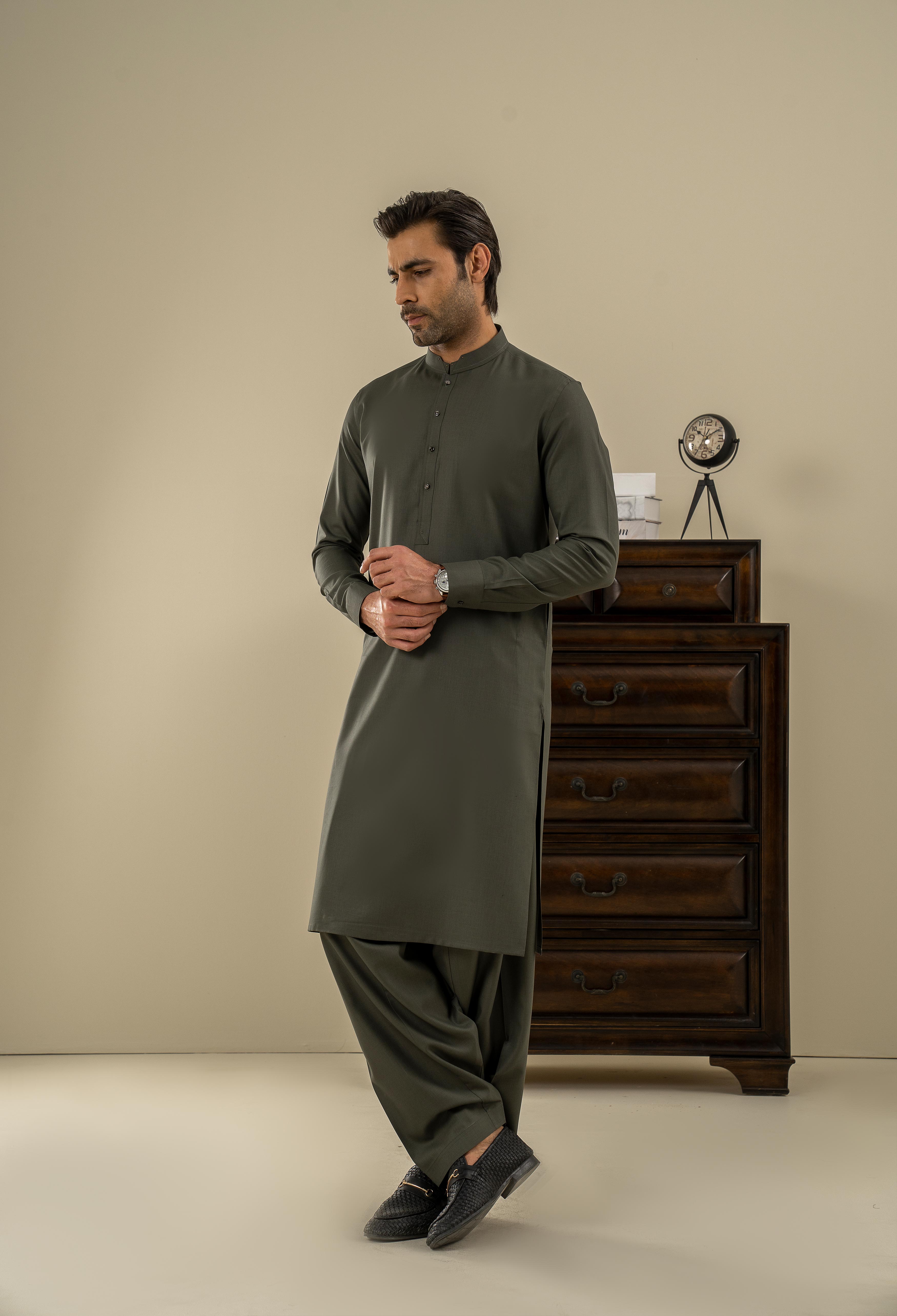 Moss Green Detailing Kameez Shalwar