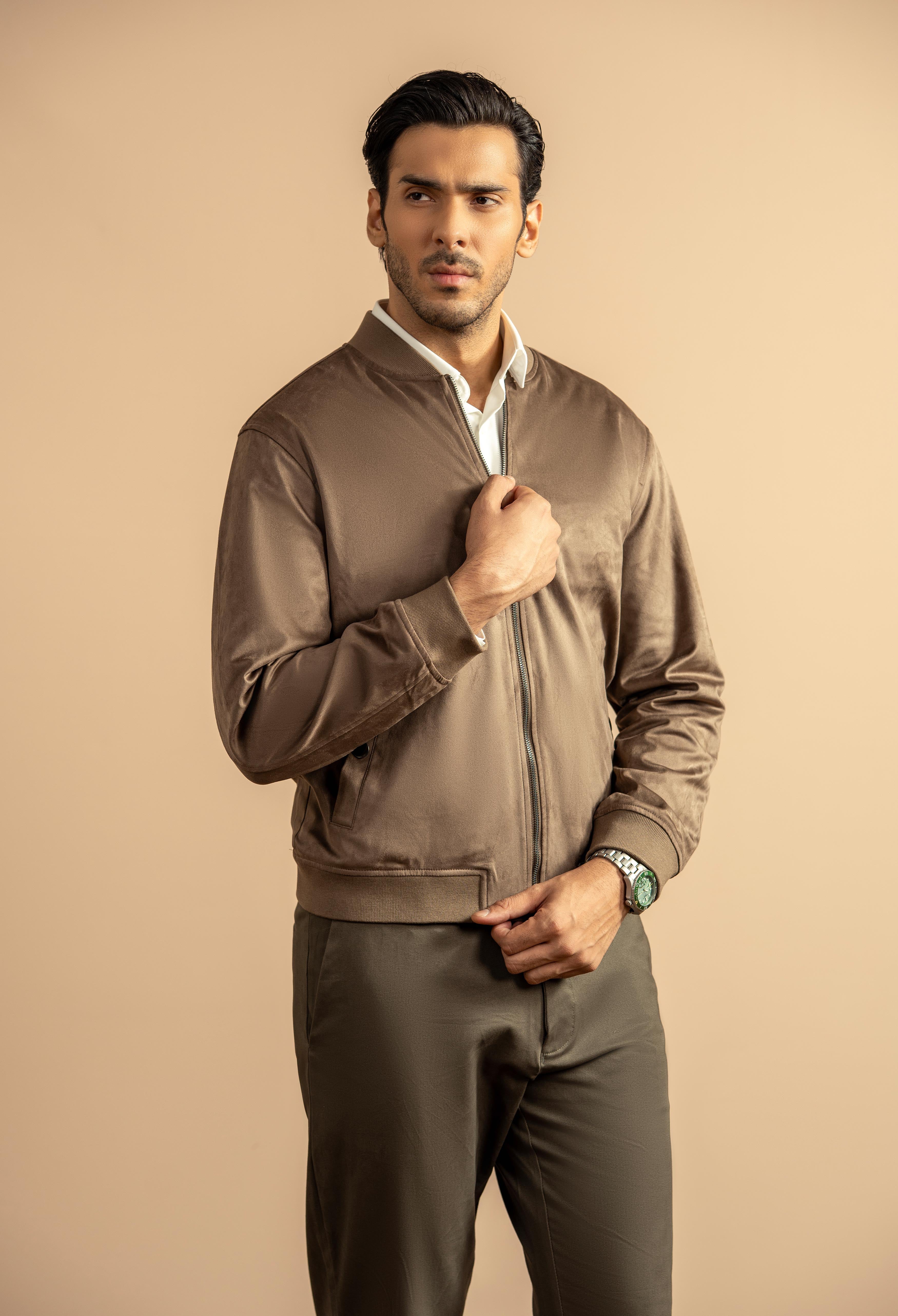 Dark Chocolate Brown Suede Bomber Jacket