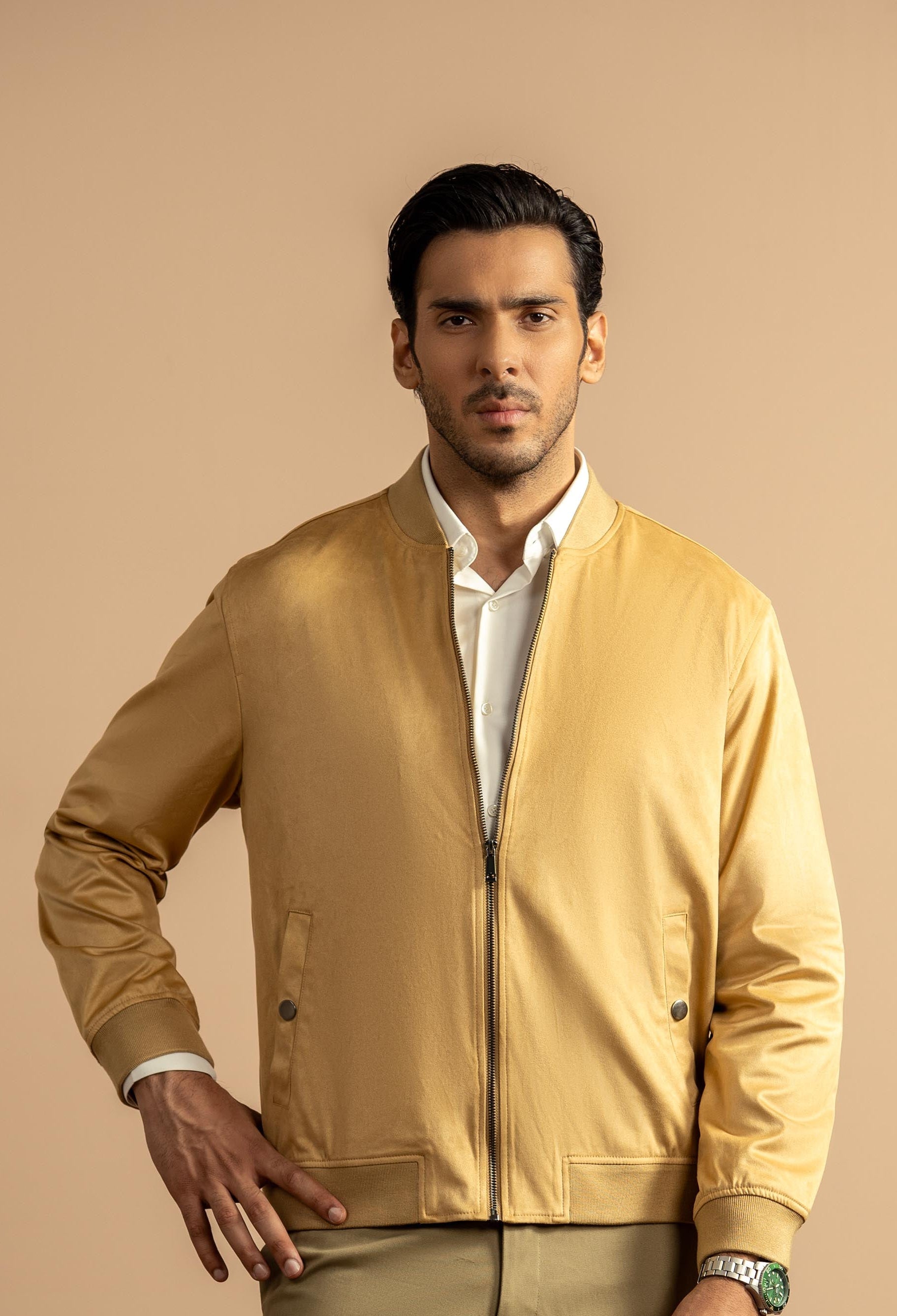 Camel Brown Suede Bomber Jacket