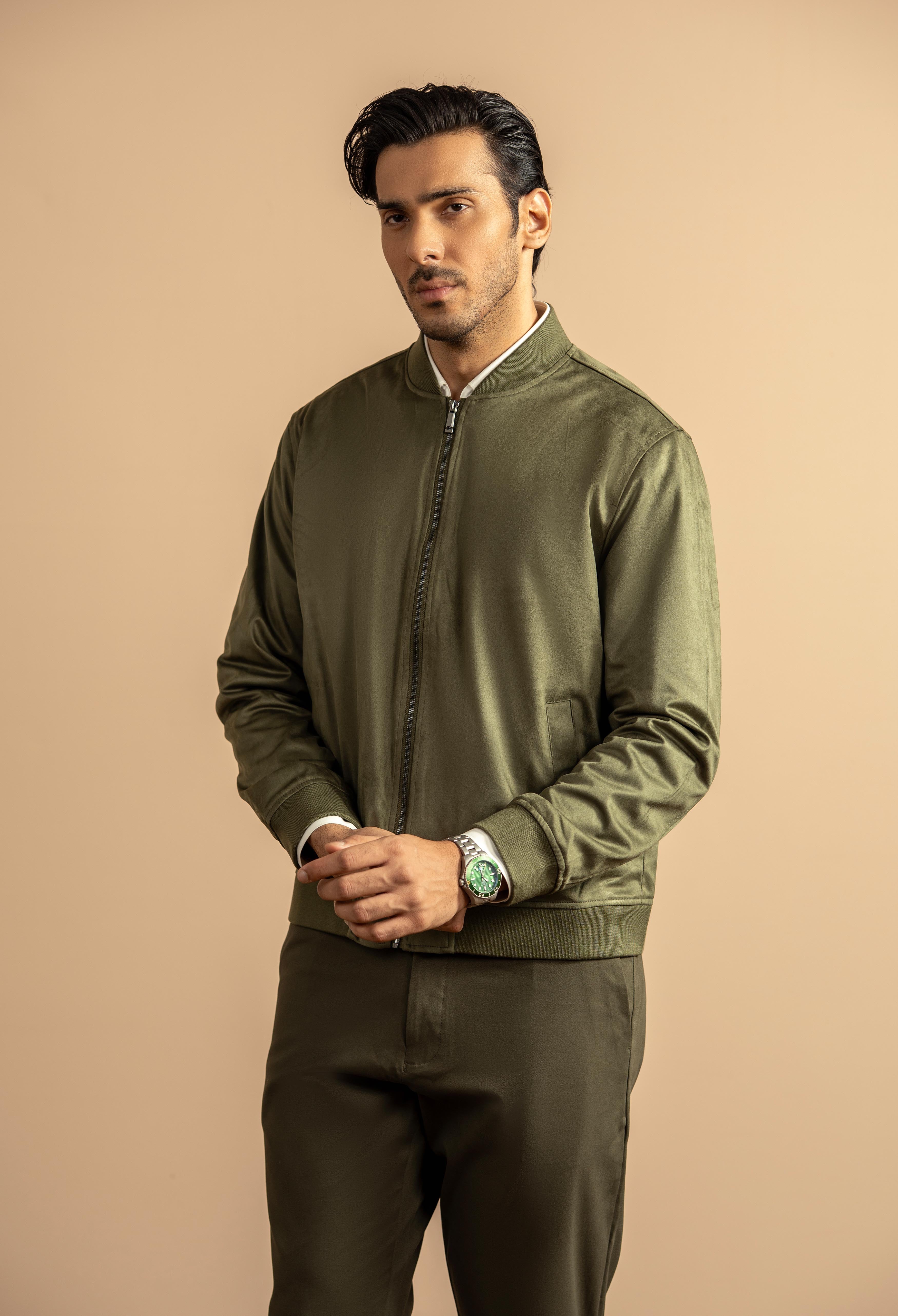 Olive Green Suede Bomber Jacket