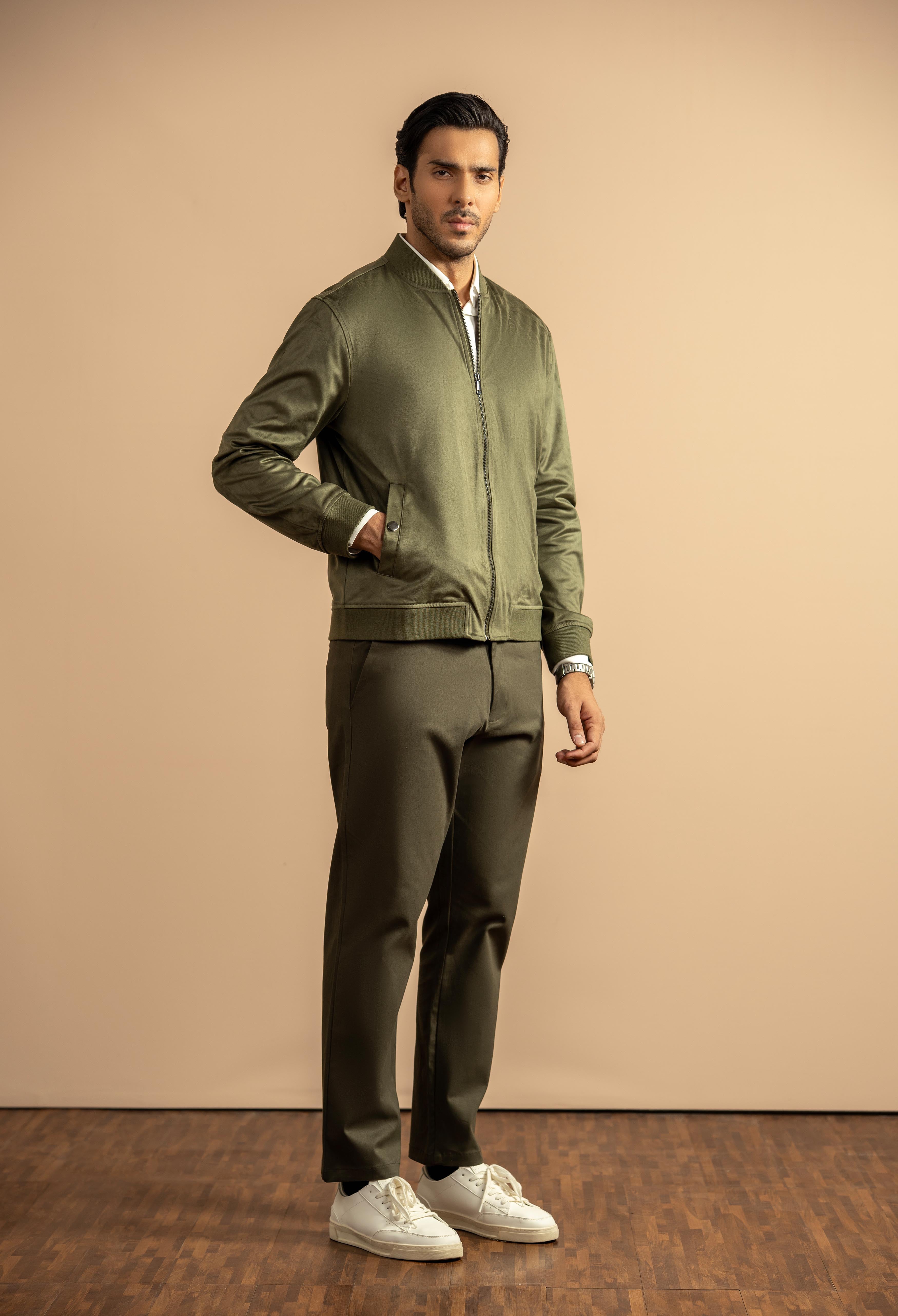 Olive Green Suede Bomber Jacket