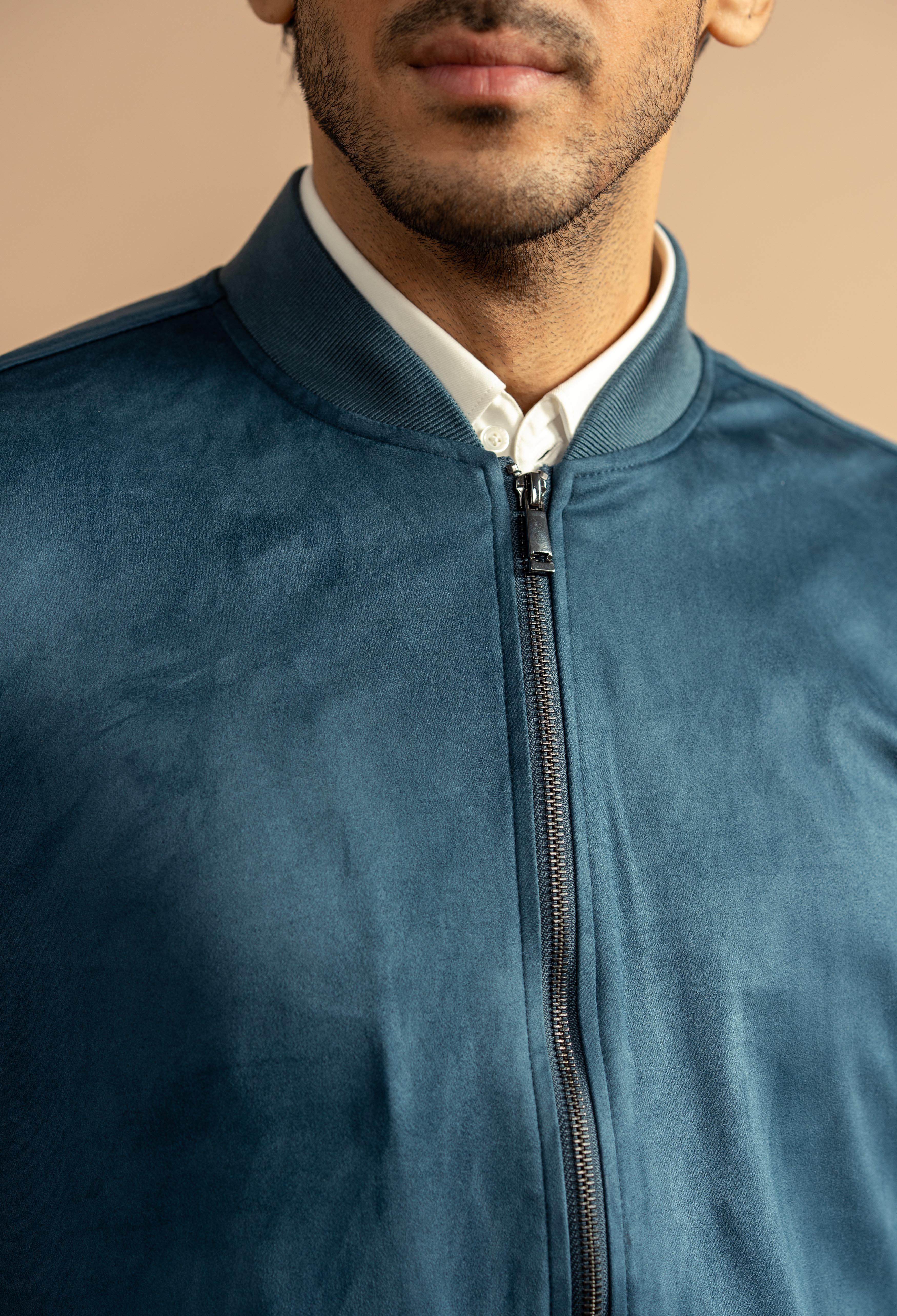 Mid Blue Suede Bomber Jacket