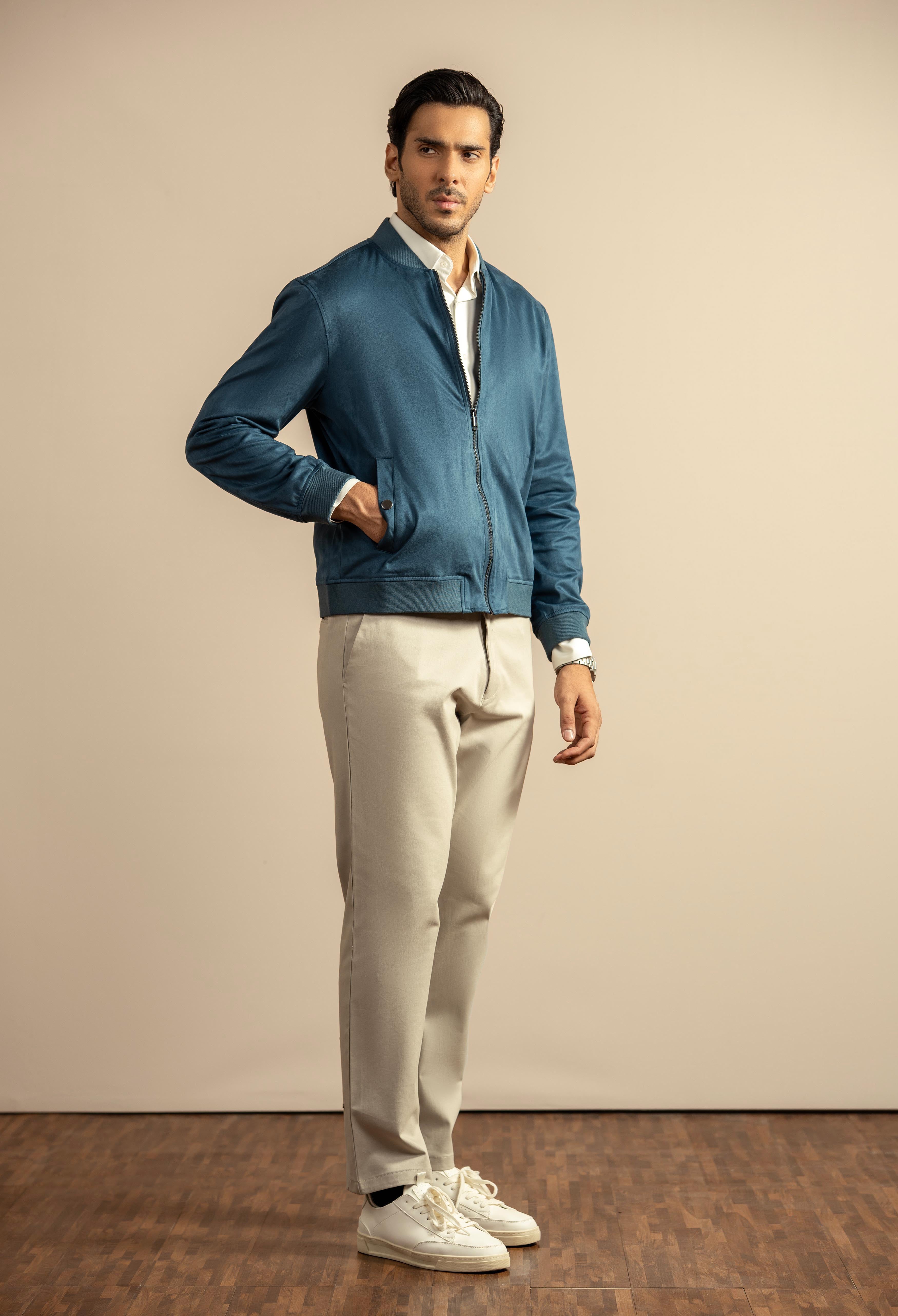 Mid Blue Suede Bomber Jacket