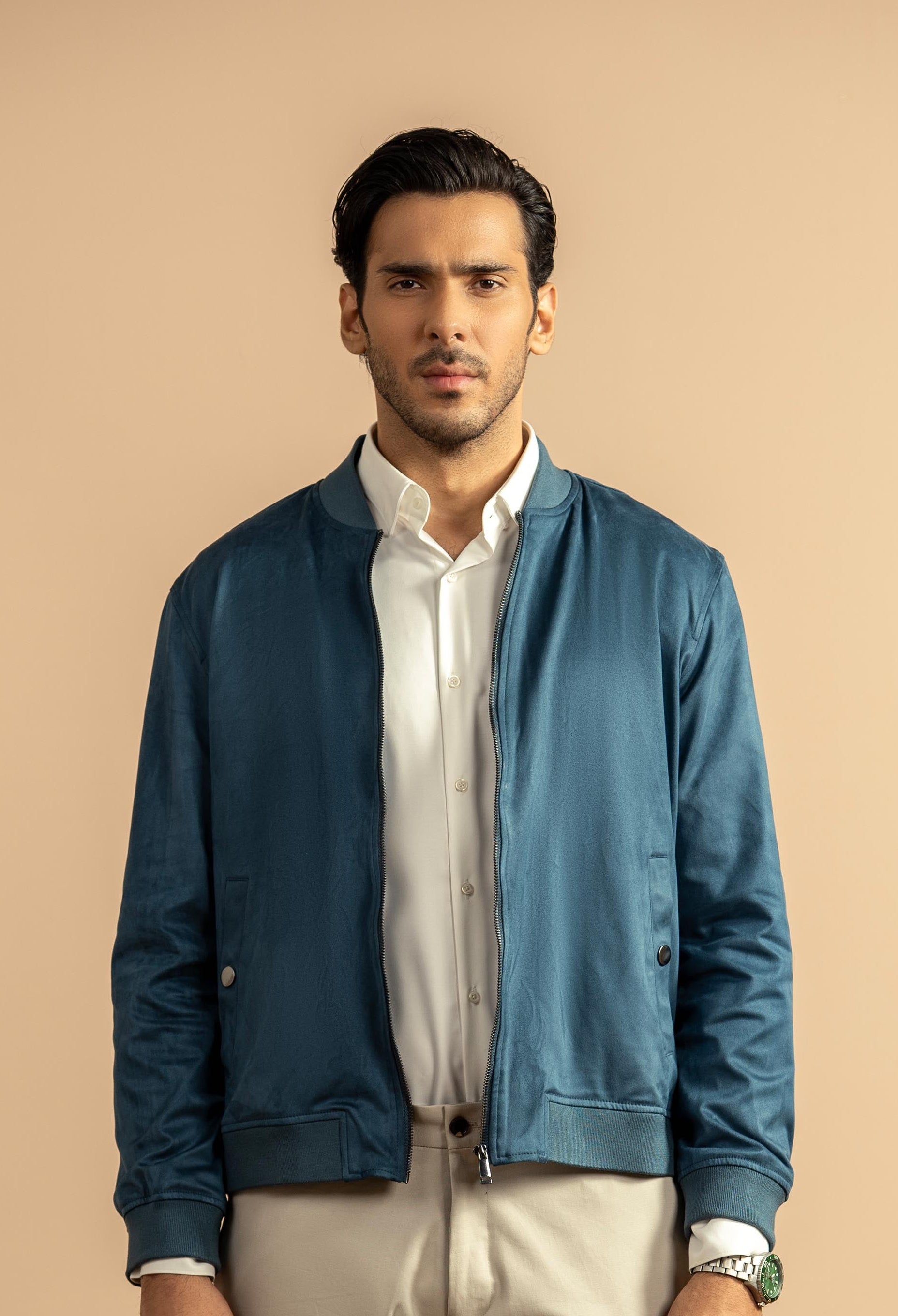 Mid Blue Suede Bomber Jacket