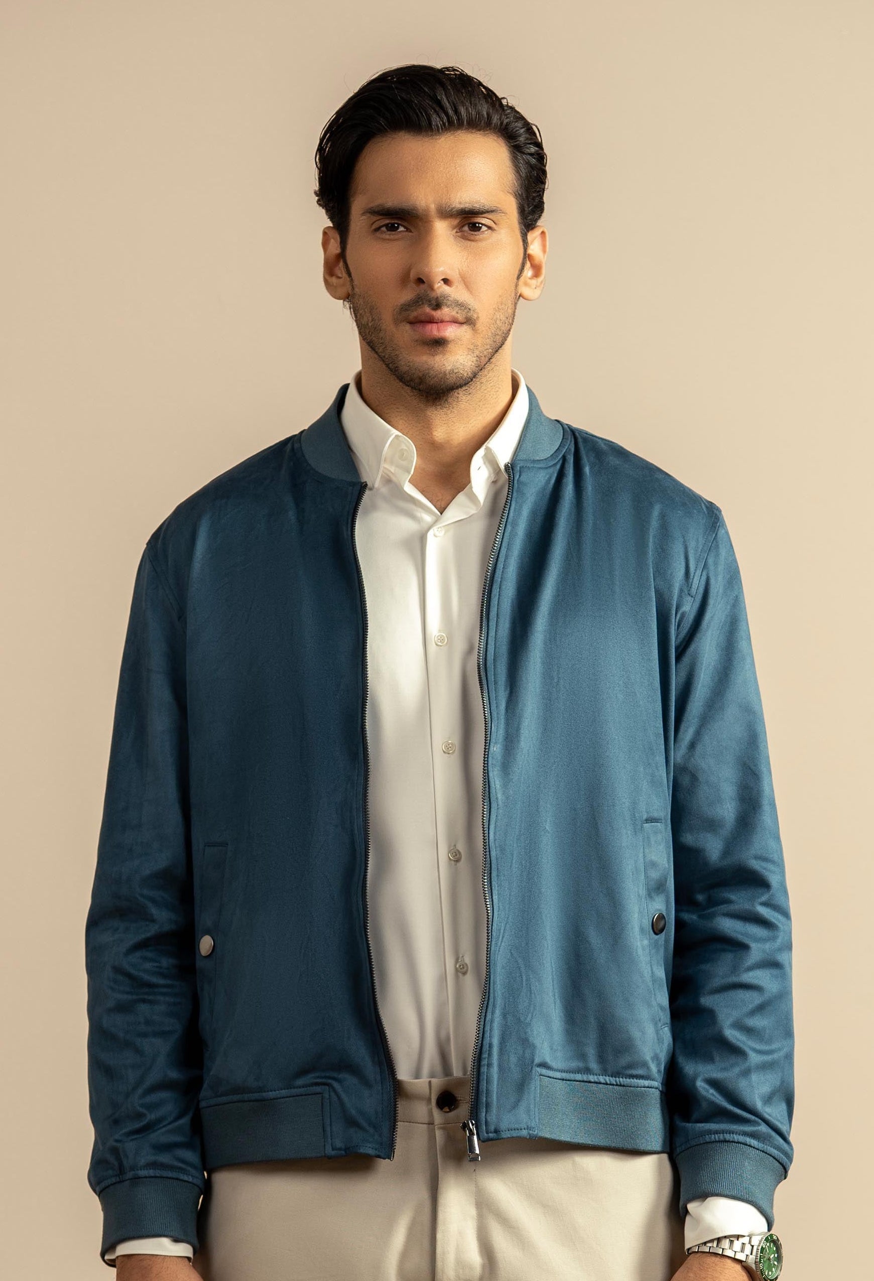 Mid Blue Suede Bomber Jacket