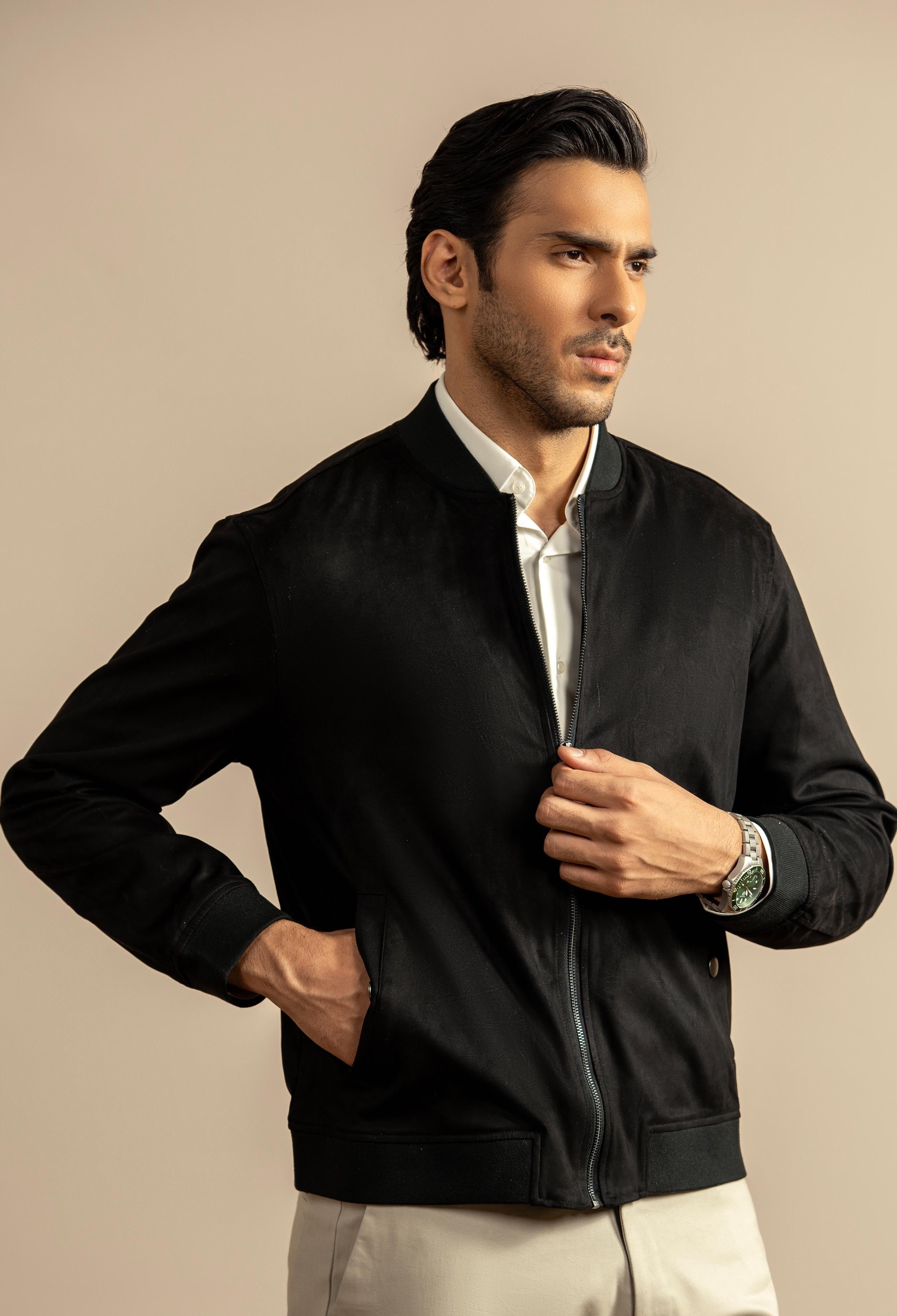 Night Black Suede Bomber Jacket