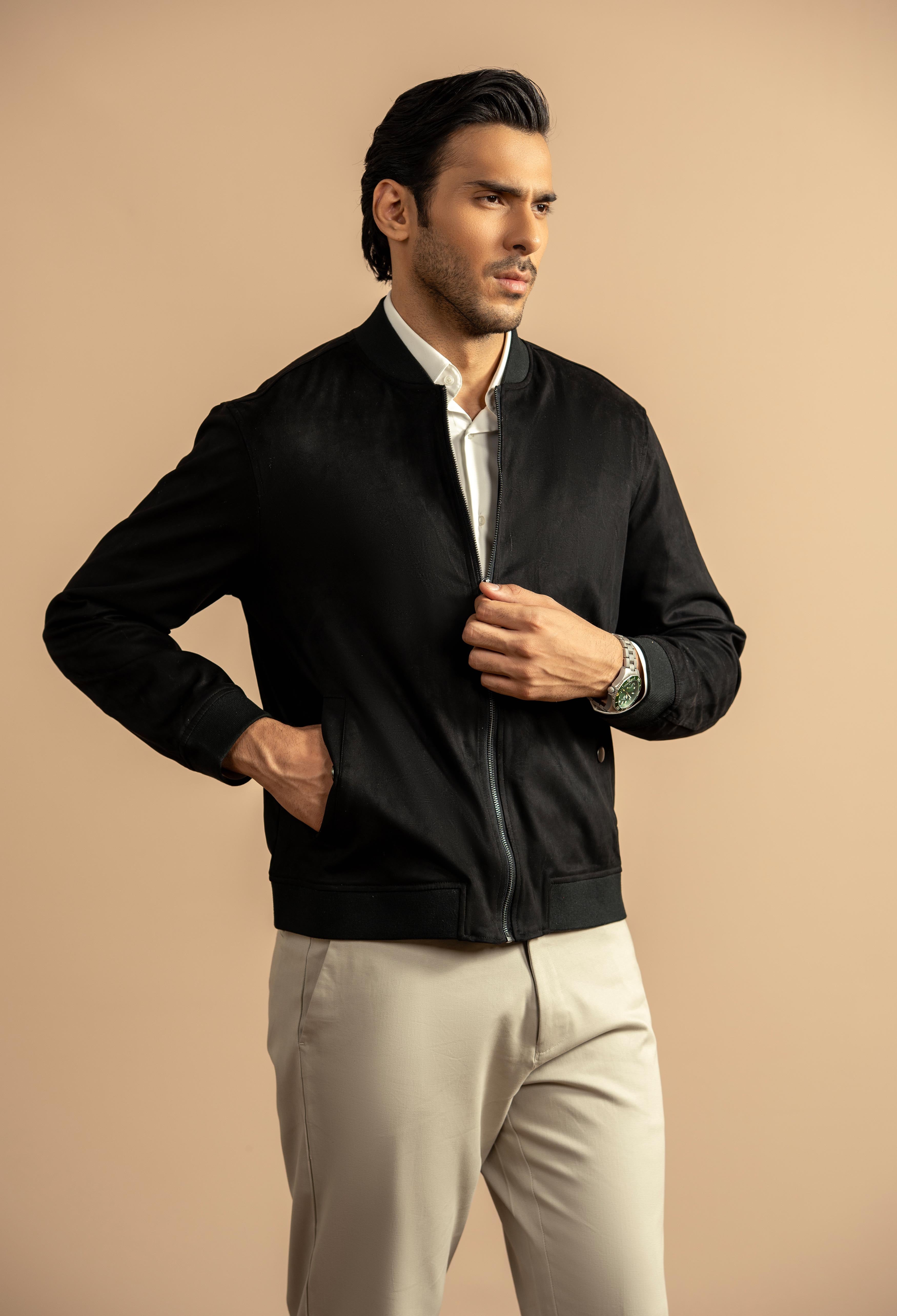 Night Black Suede Bomber Jacket