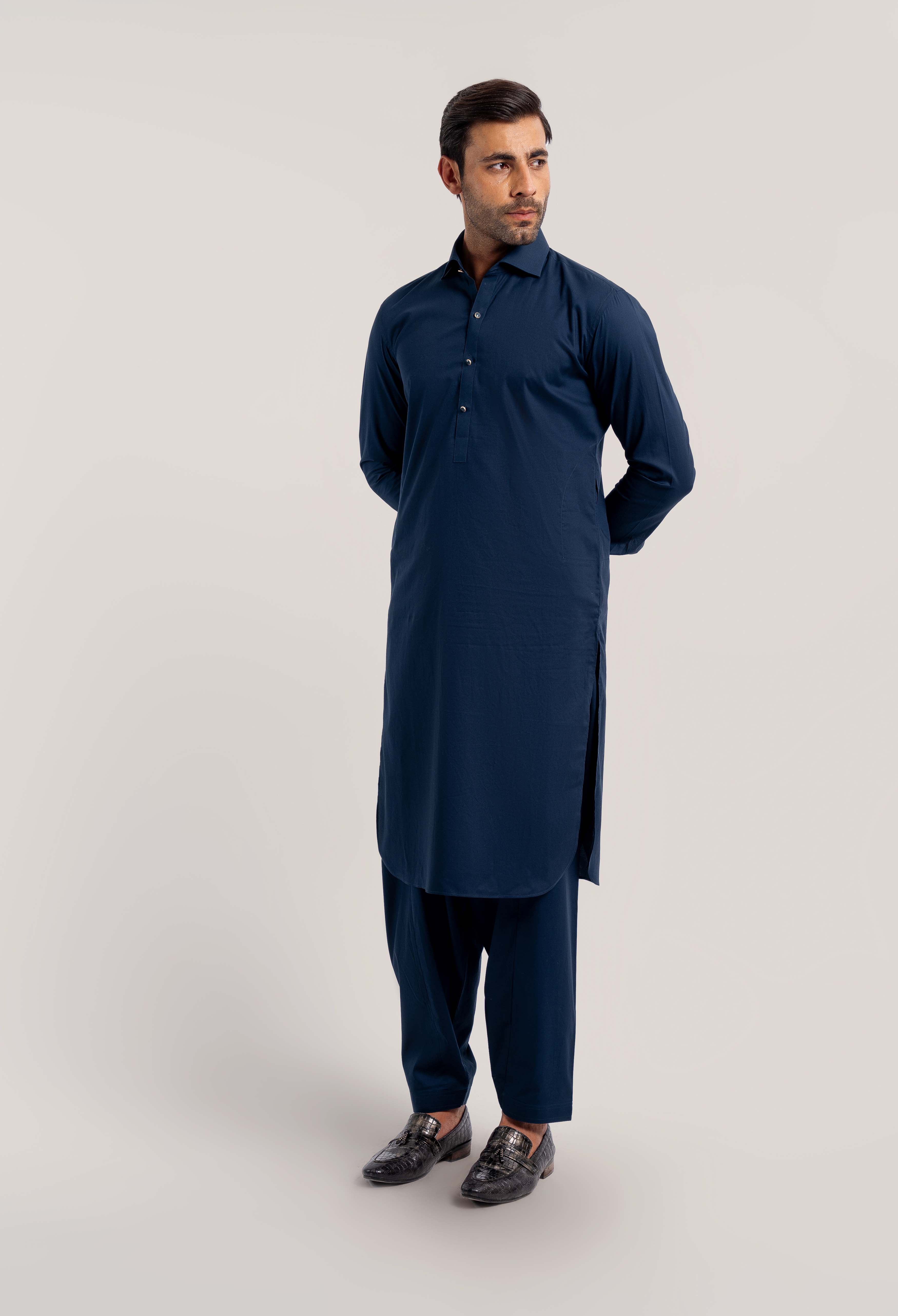 Prussicen Blue Cotton Kameez Shalwar (GSS-000433)