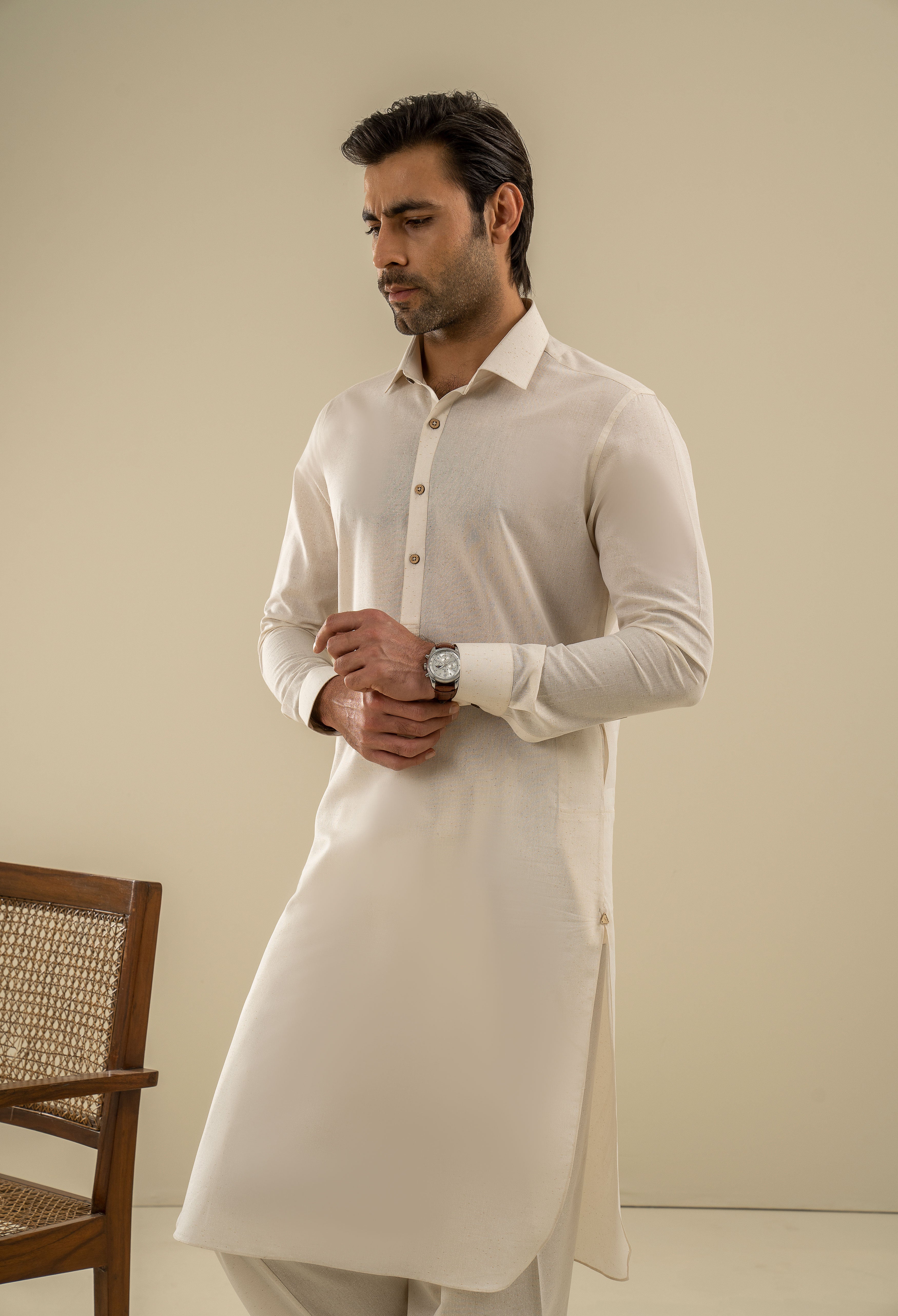 Butter Milk Beige Embroidered Kameez Shalwar