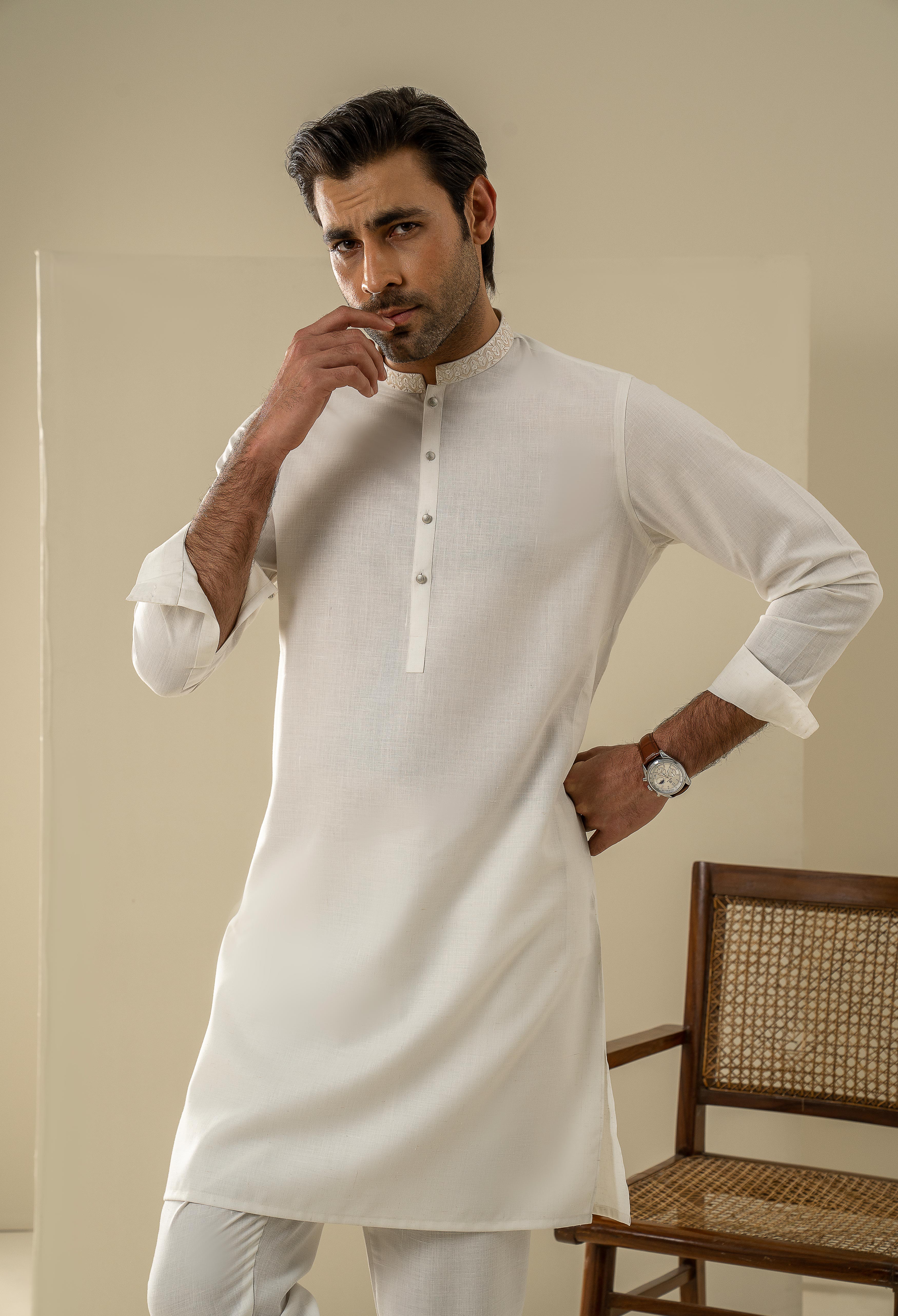 Butter Cream Embroidered Kurta Pajama