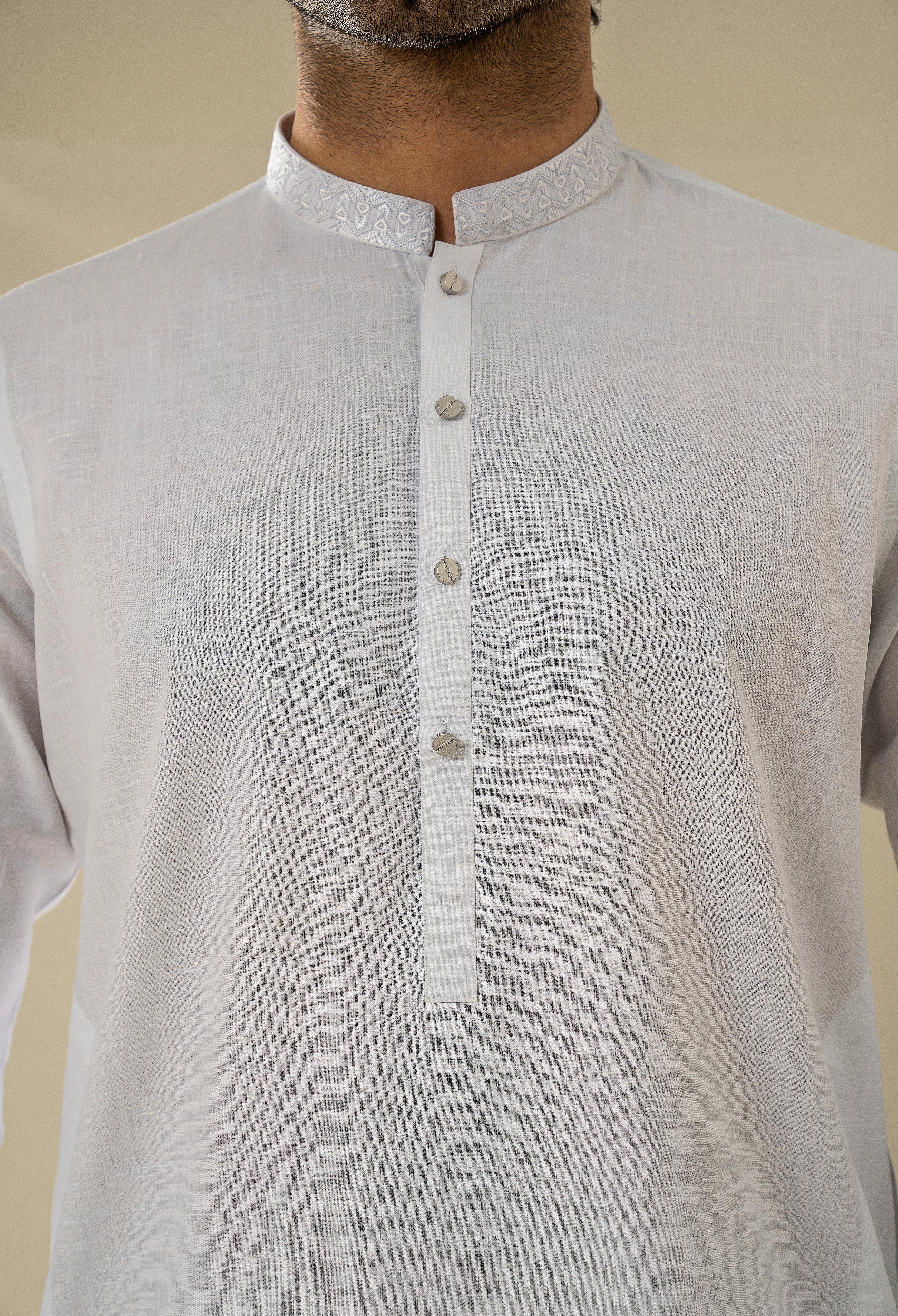 Linen White Embroidered Kurta Pajama