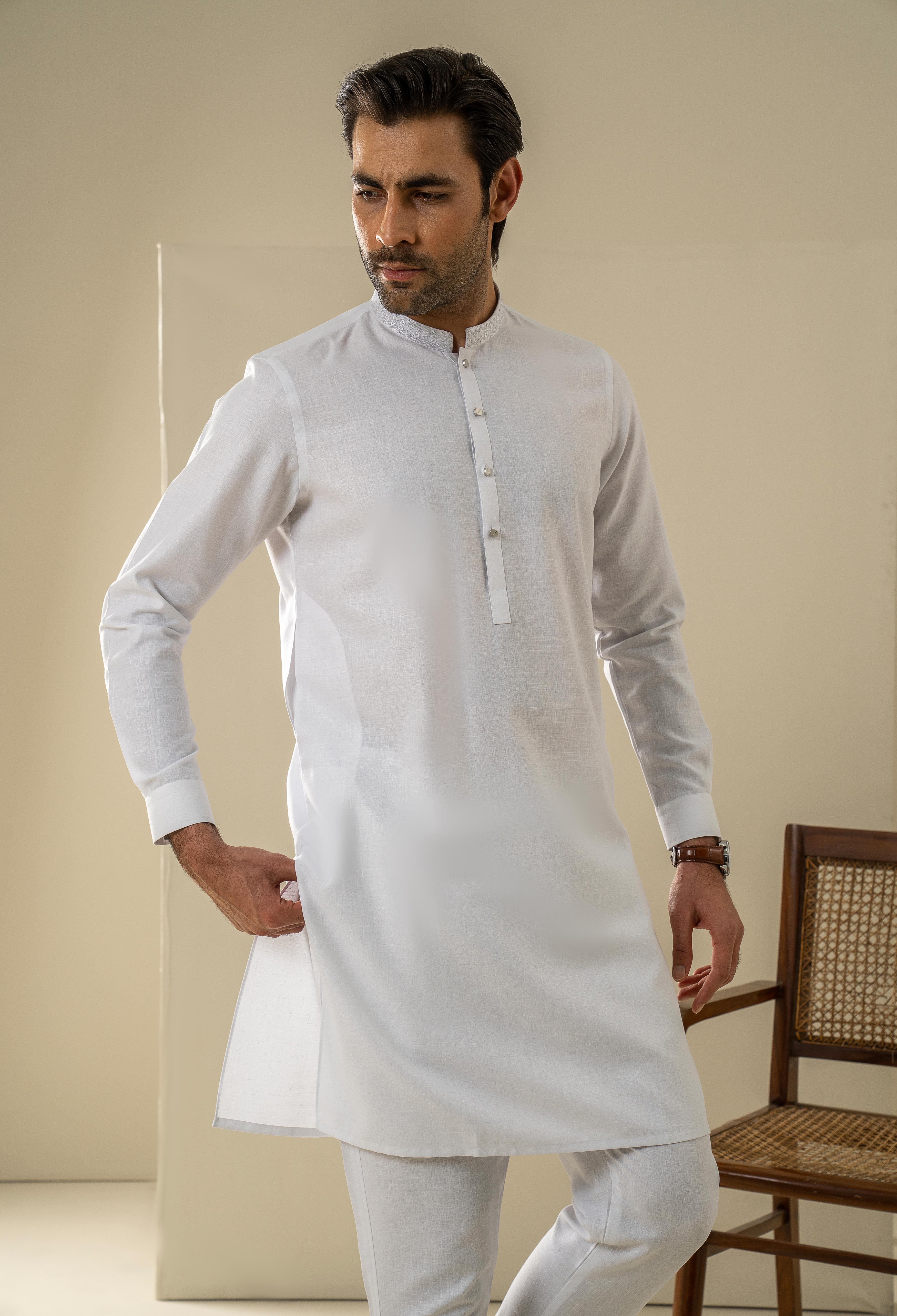 Linen White Embroidered Kurta Pajama