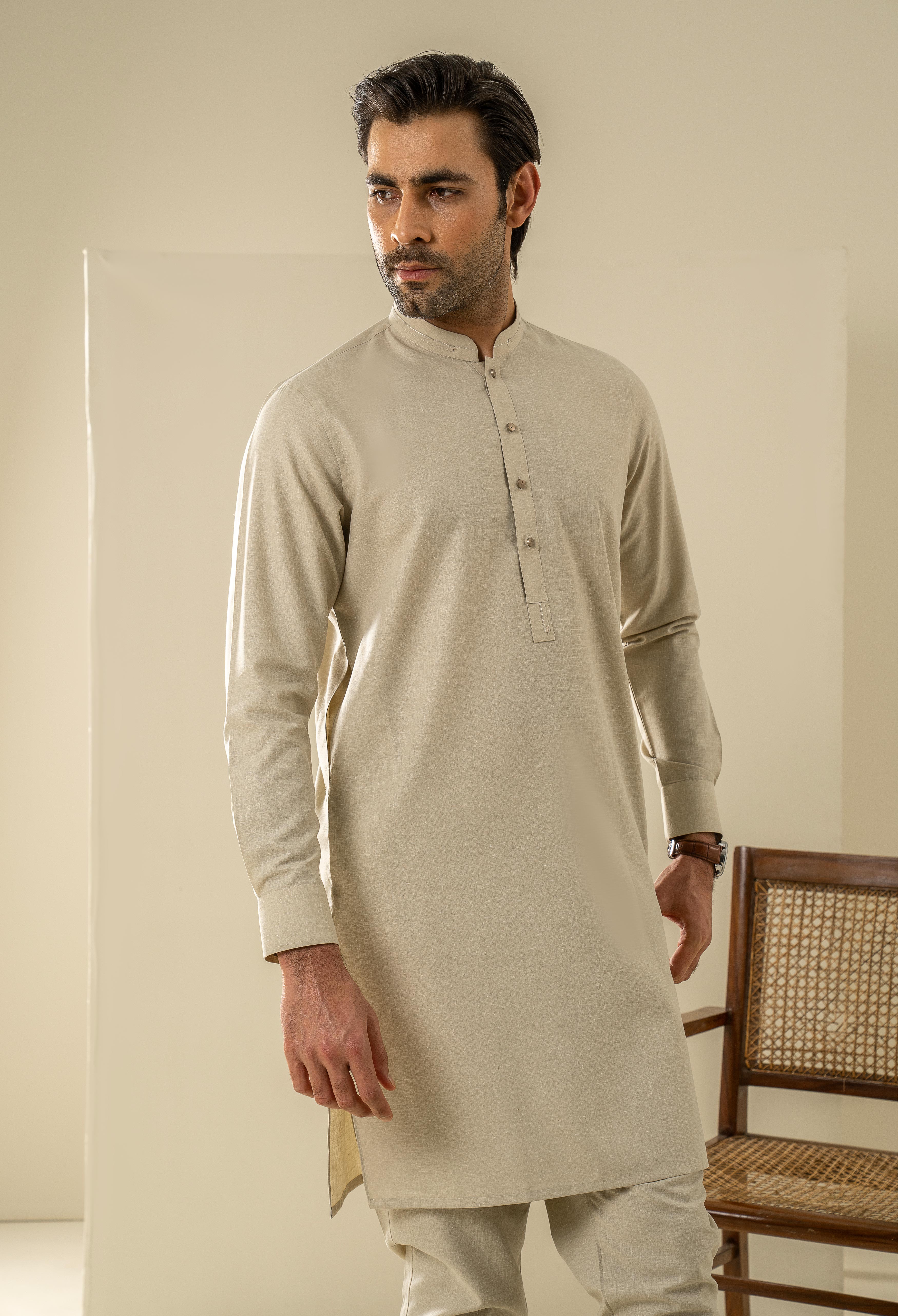 Pastel Beige Detailing Kurta Pajama