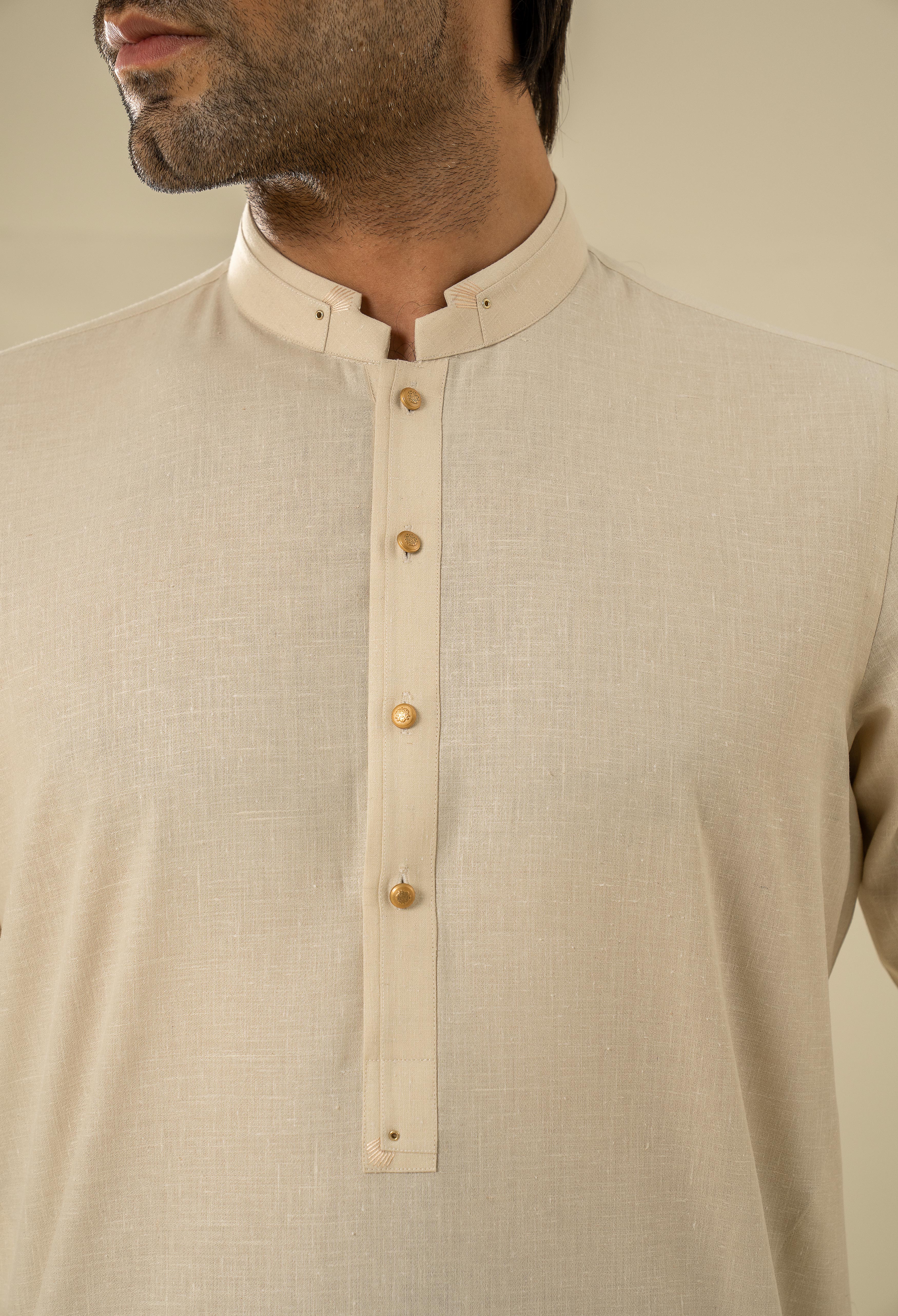 Beige Khaki Detailing Kurta Pajama