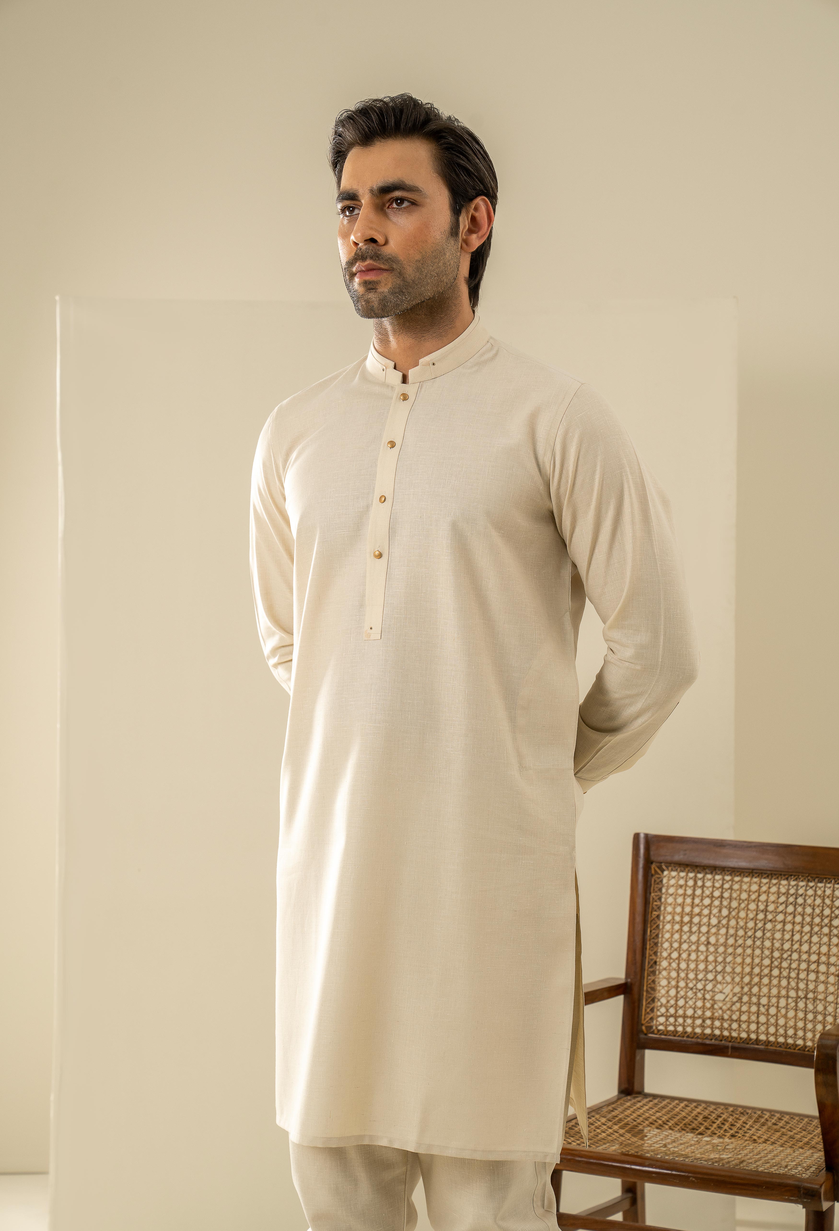 Beige Khaki Detailing Kurta Pajama