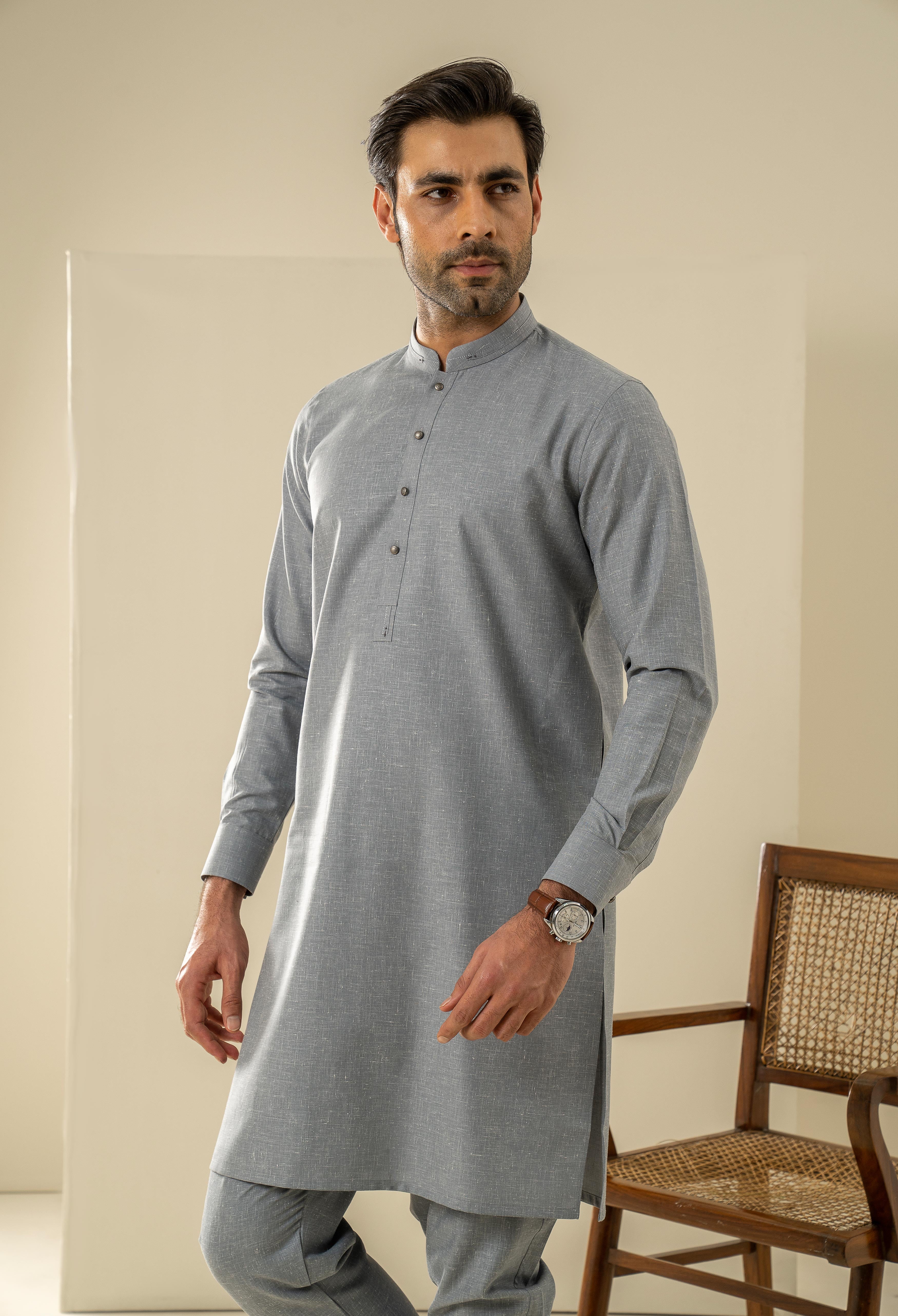 Ash Grey Detailing Kurta Pajama