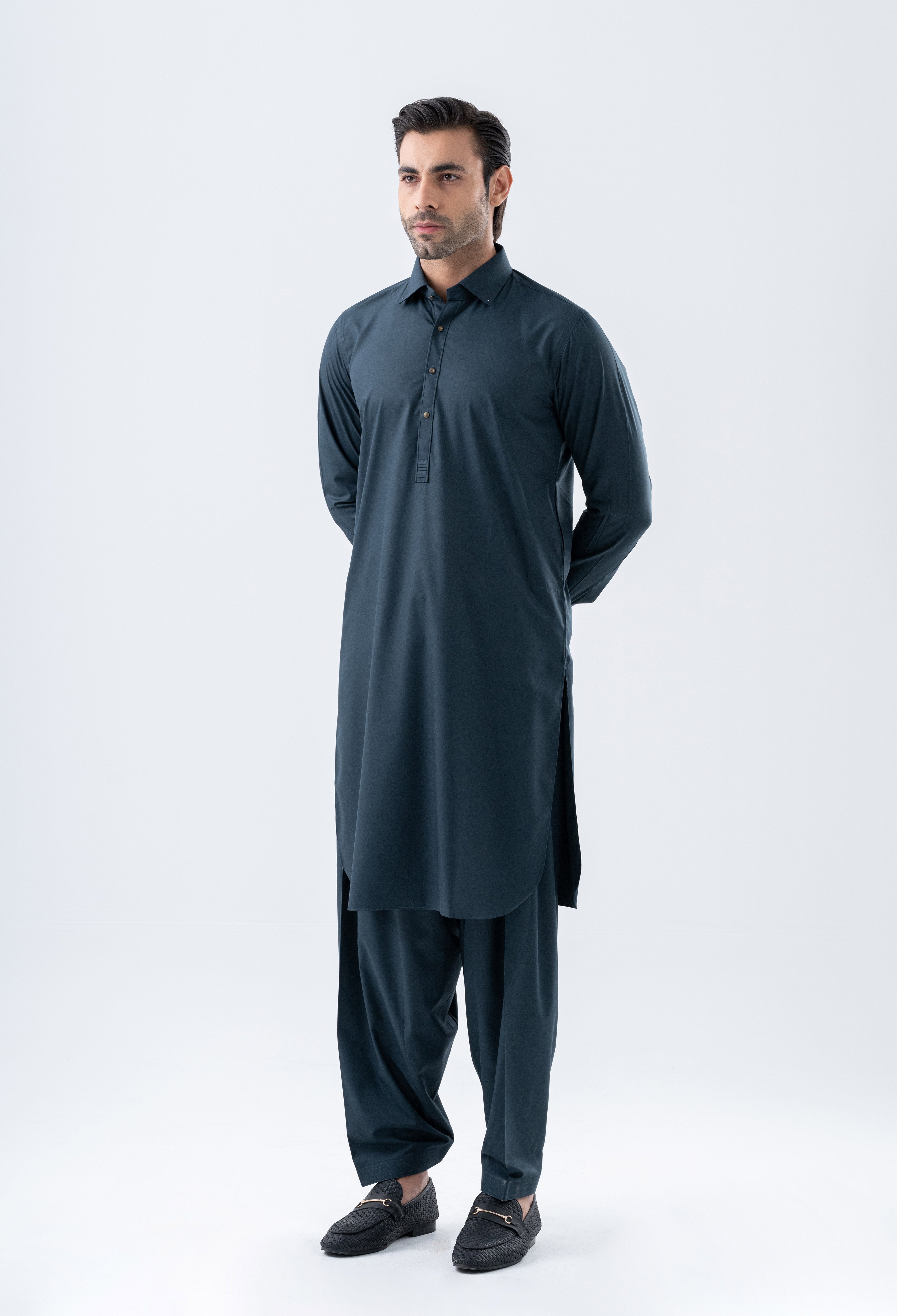 Dark Teal Blue Detailing Kameez Shalwar (GSS-000456)