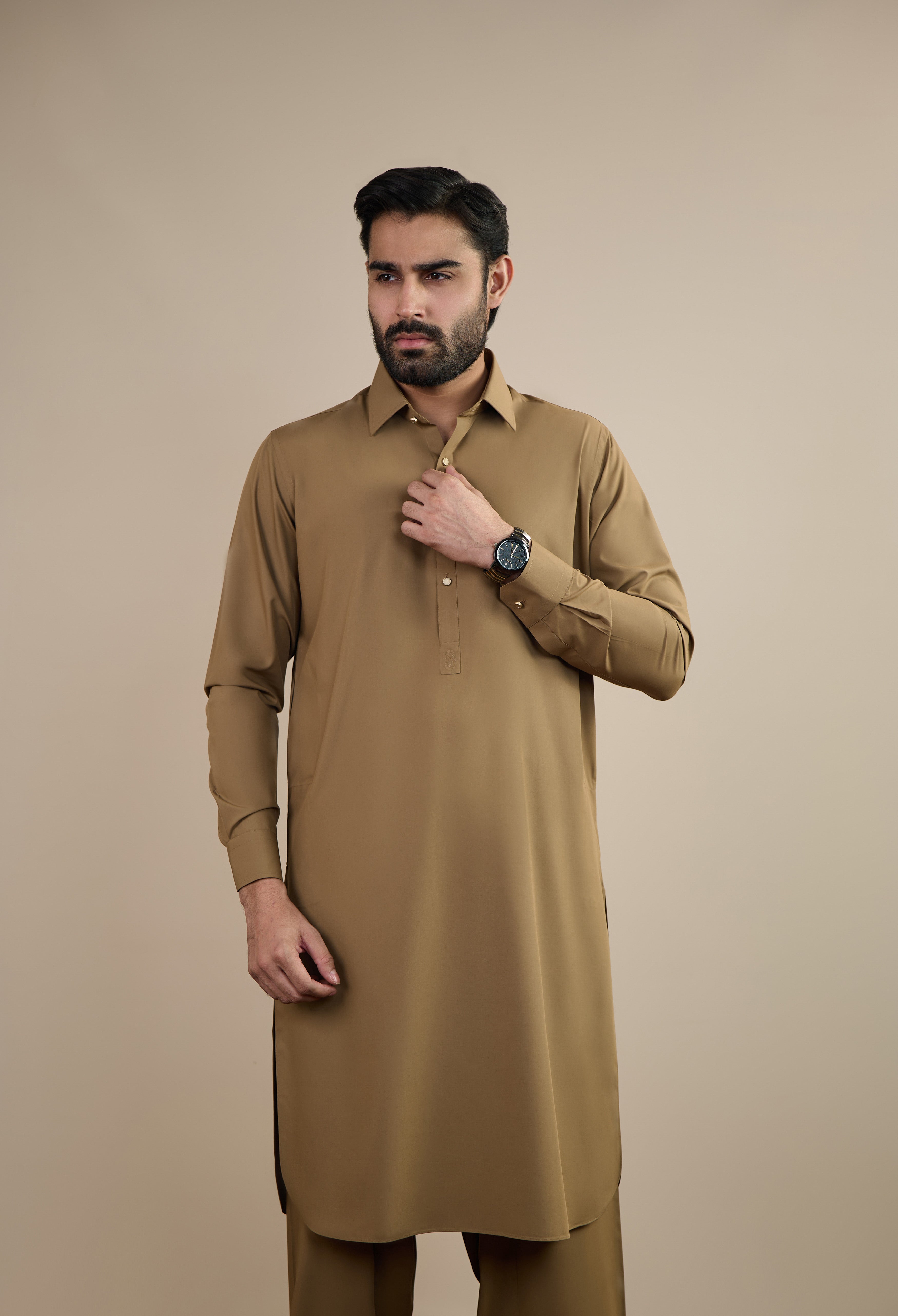 Khaki Brown Detailing Kameez Shalwar
