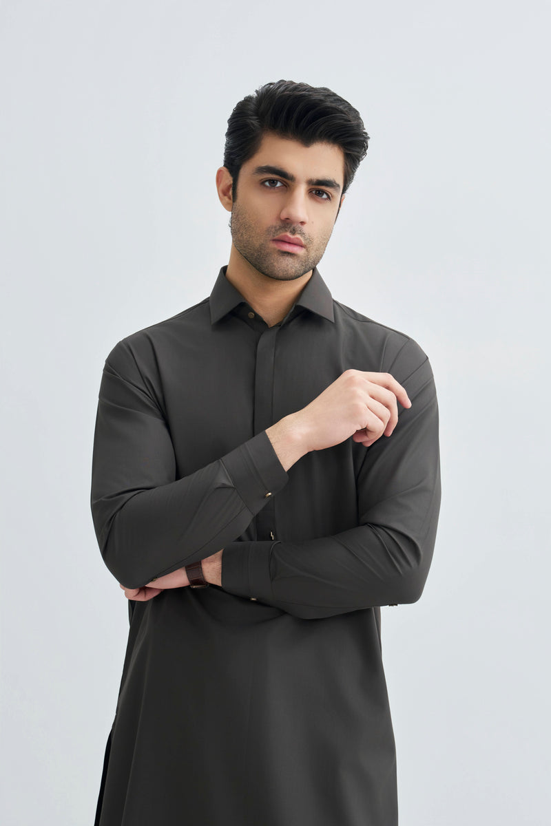 Olive Brown Detailing Kameez Shalwar