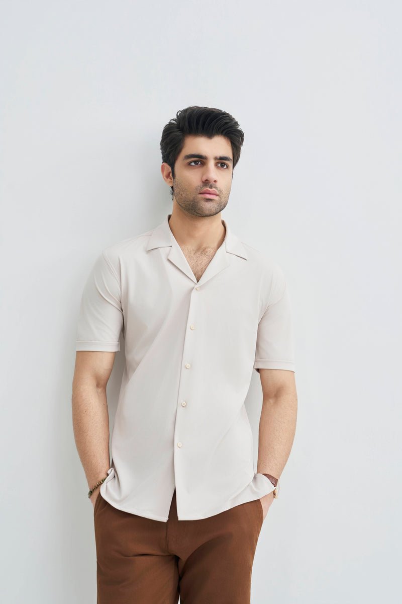Light Fawn Cuban Collar Textured Shirt