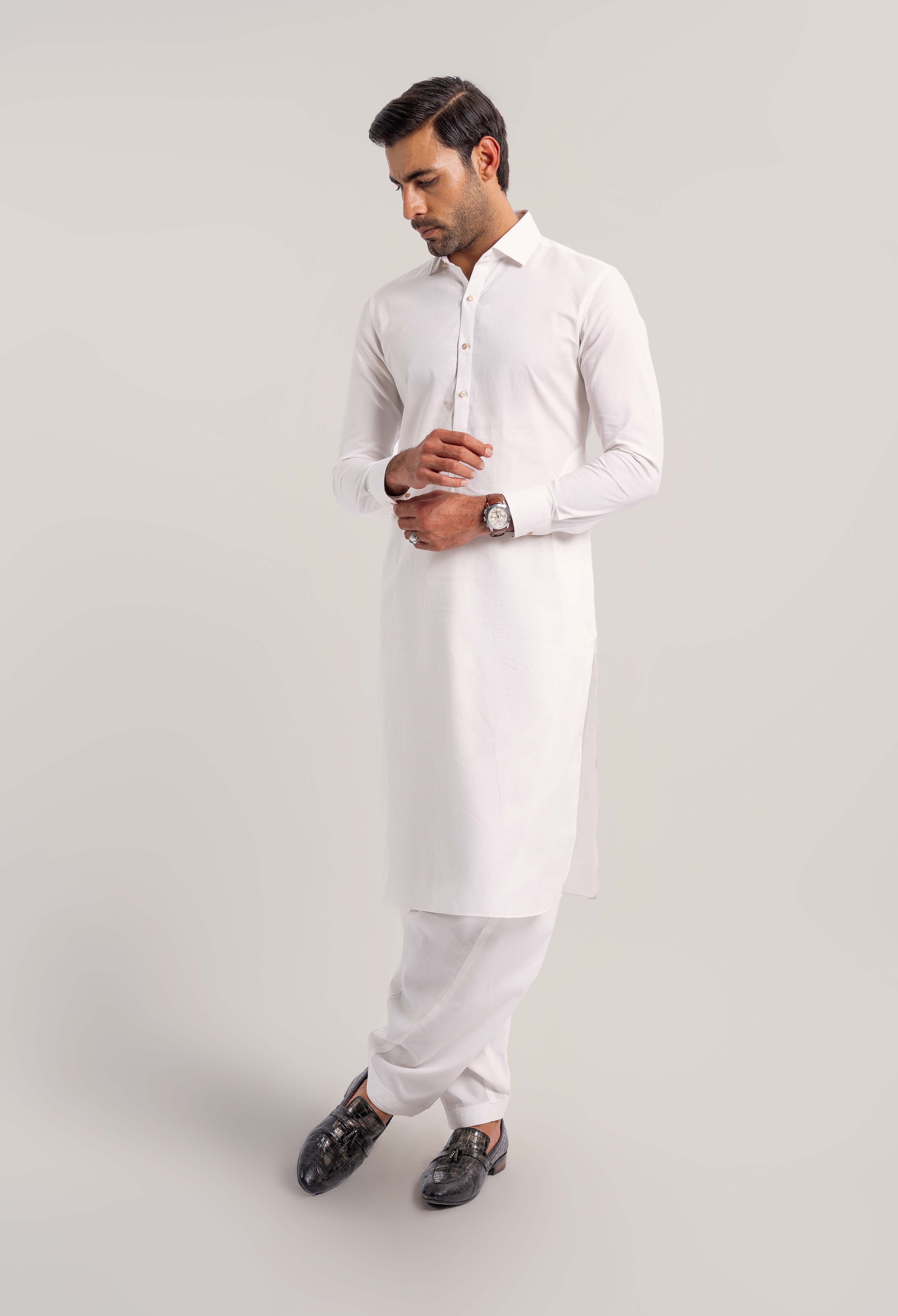 Porcelain White Cotton kameez Shalwar (GSS-000432)