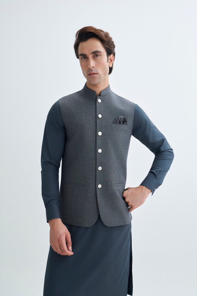 Blackish Grey Textured Wool Blend Waistcoat
