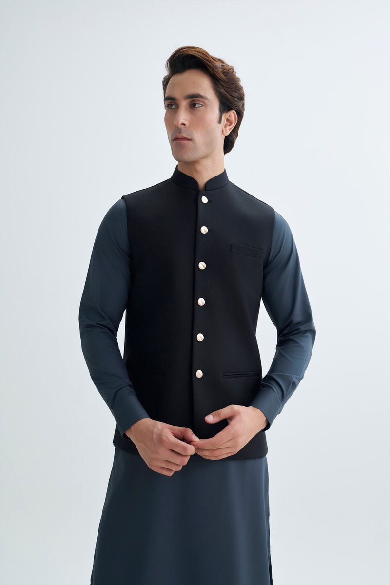 Jet Black Textured Wool Blend Waistcoat