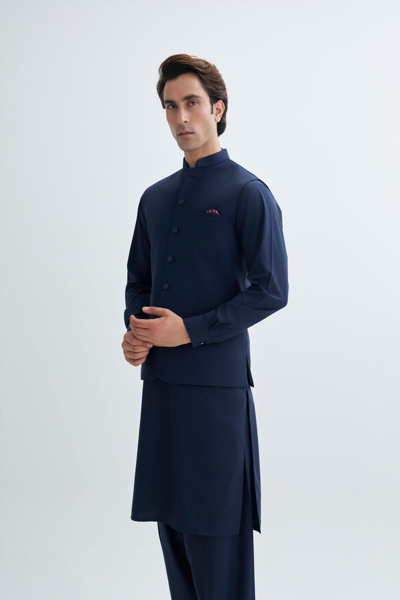 Navy Blue Self Check Waistcoat