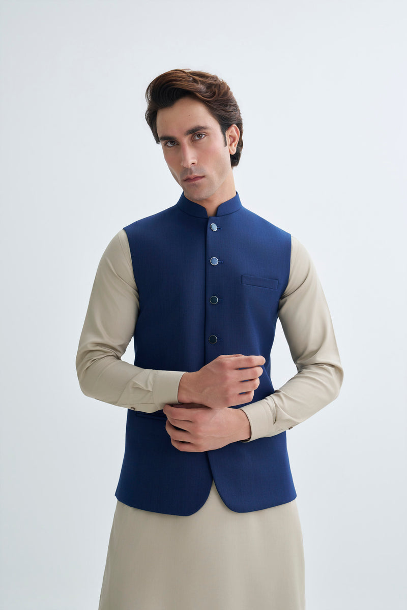 Royal Blue Textured Wool Blend Waistcoat