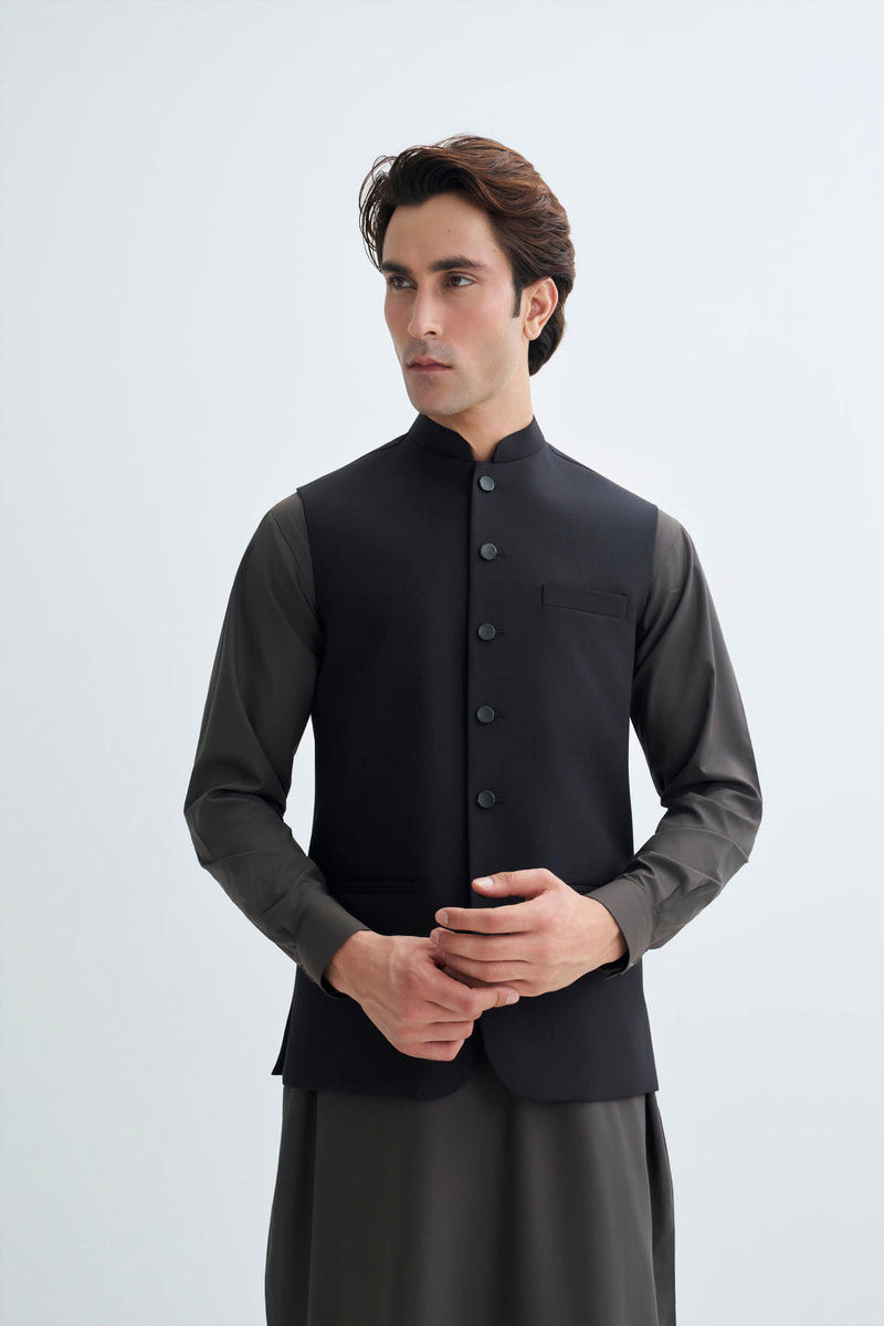 Jet Black Wool Blend Waistcoat
