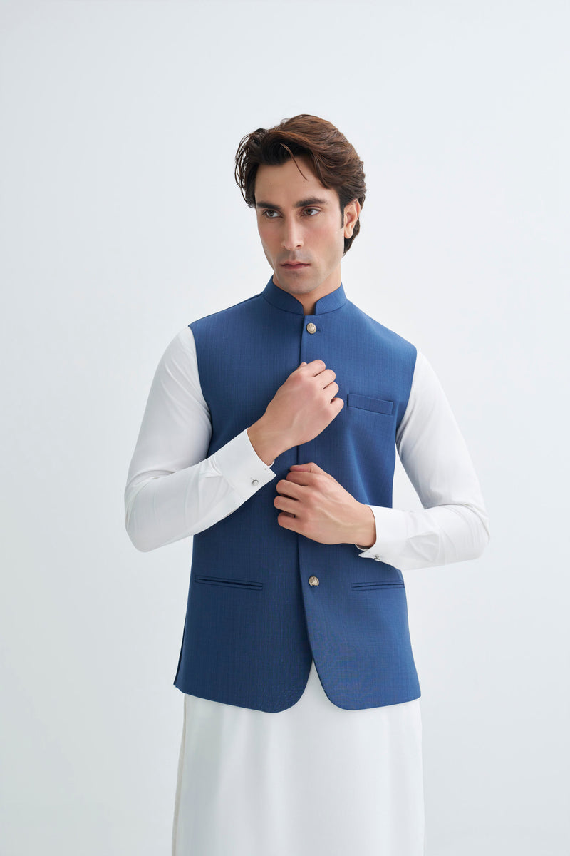 Denim Blue Textured Wool Blend Waistcoat
