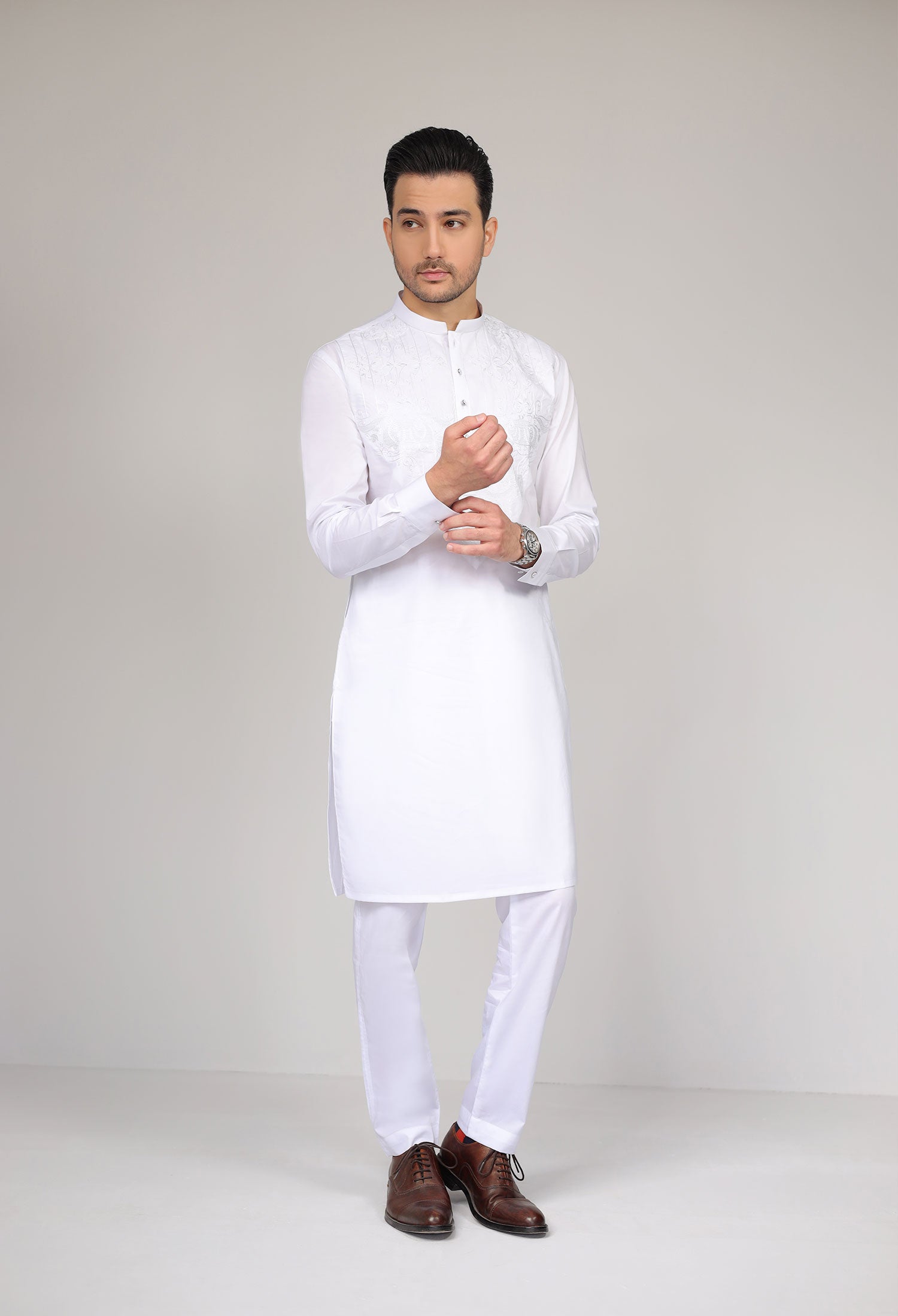 White Embroidered Plain Kurta Pajama (GPS-000073)